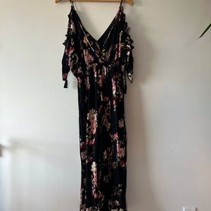 Black Floral Romper Wide Leg Chiffon-Like Material and Off the Shoulder Design
